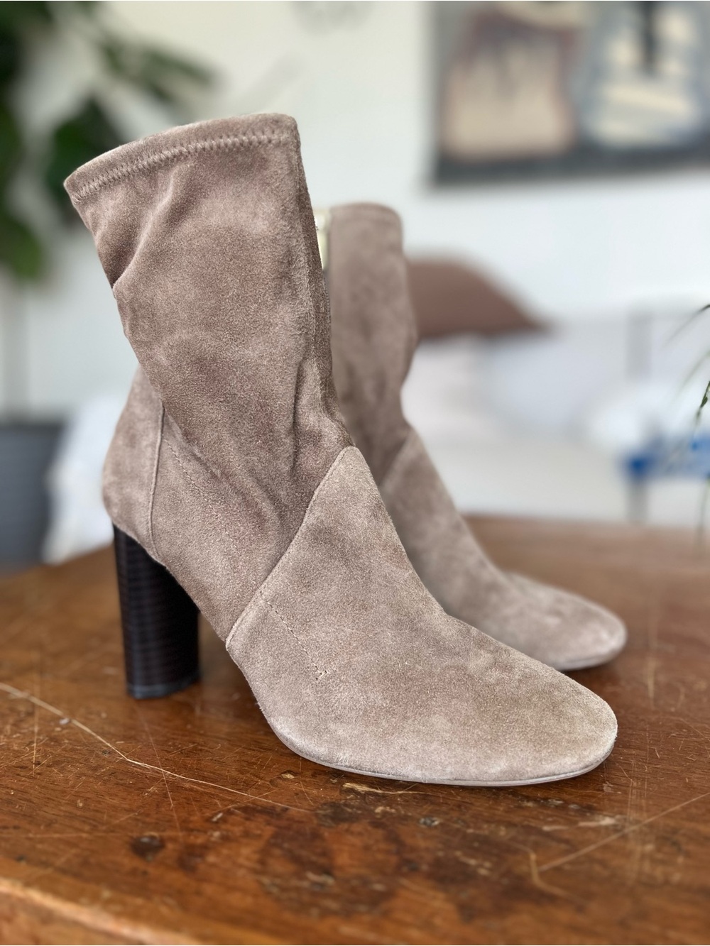 Zara Taupe Suede Mid-Block Heel Ankle Boots